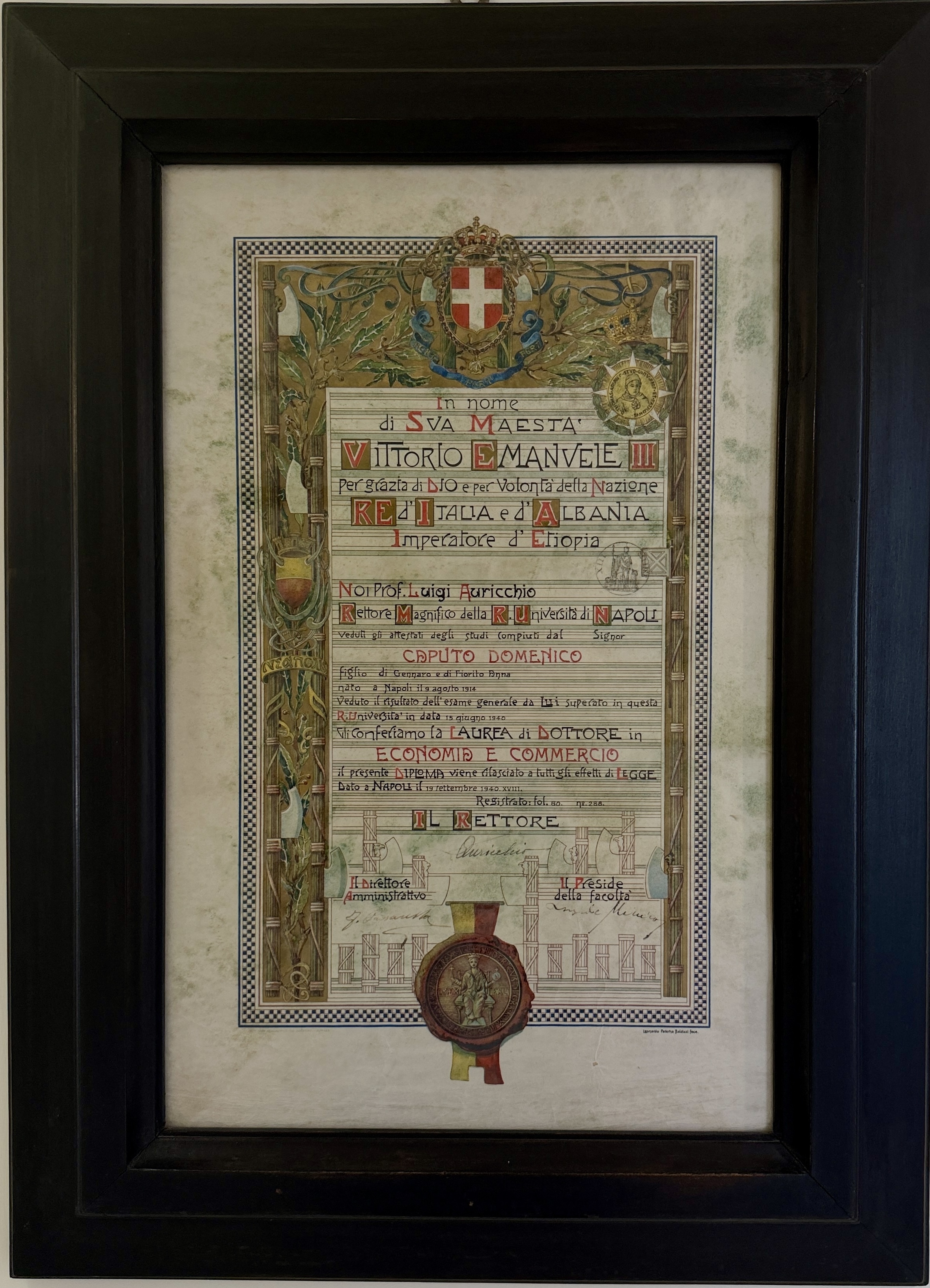 Diploma di laurea in Economia e Commercio del dottor Domenico Caputo, Regia Università di Napoli, 1940